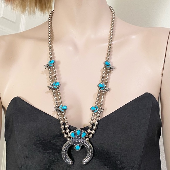 Vintage Faux Turquoise Silver-tone Ball Chain Squash Blossom Boho Necklace - Picture 8 of 12